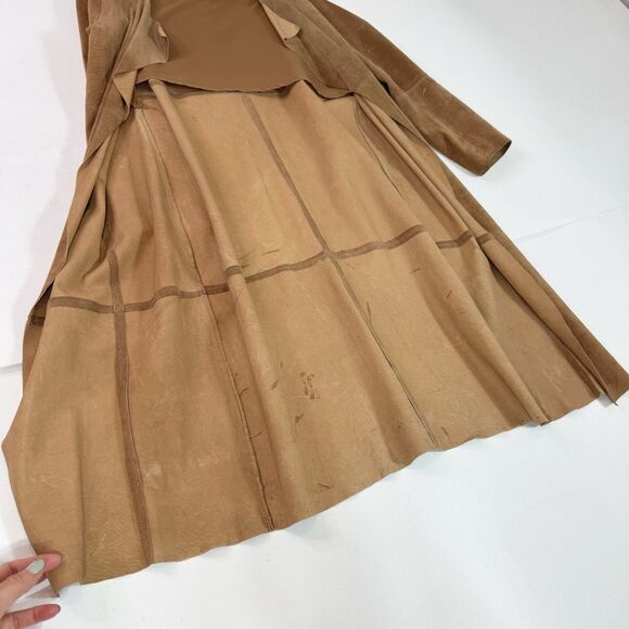 Chicos Leather Trench Coat Womens Medium Tan Open Front Long Lightweight Suede - Picture 2 of 8
